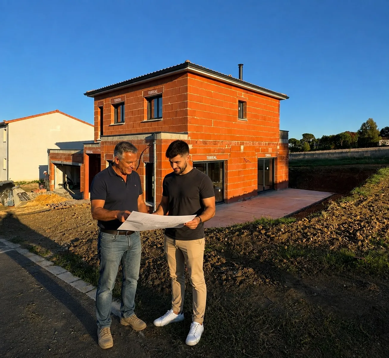 Richard et Thomas Gamero sur un chantier GMR, plans à la main.