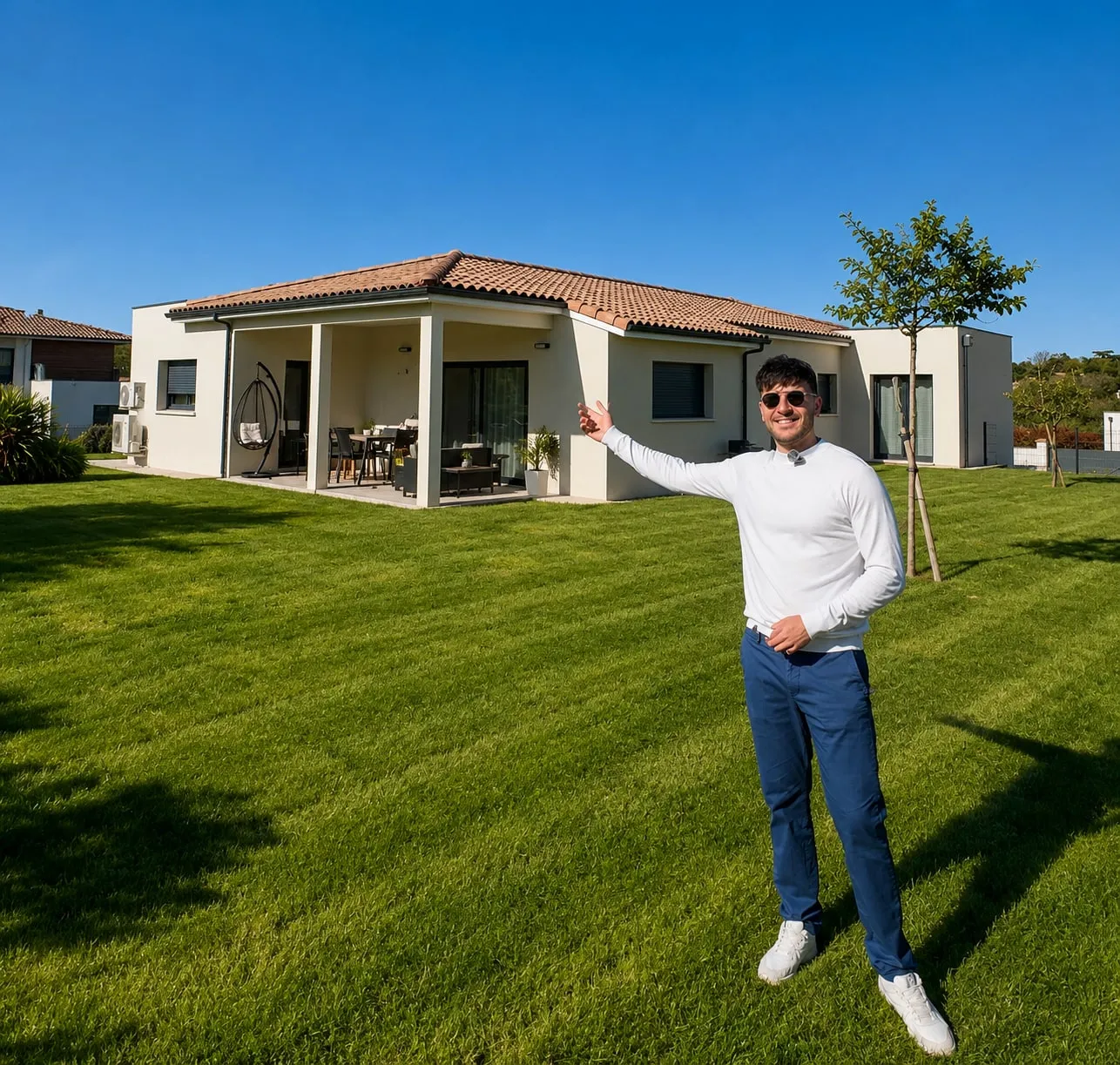 Thomas Gamero devant la terrasse couverte de la maison de Rouffiac-Tolosan.